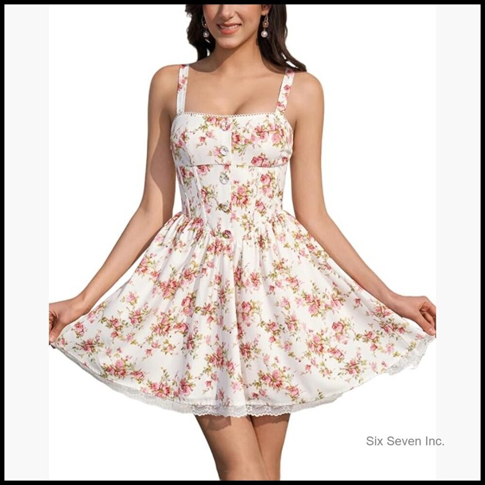 Corset Mini Dress with Square Neck and Lace Trim - Picture 1 of 6
